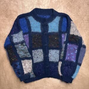 Vintage 90s Multicolor Checkered Patchwork Oversized Cardigan Sweater Knit Indie